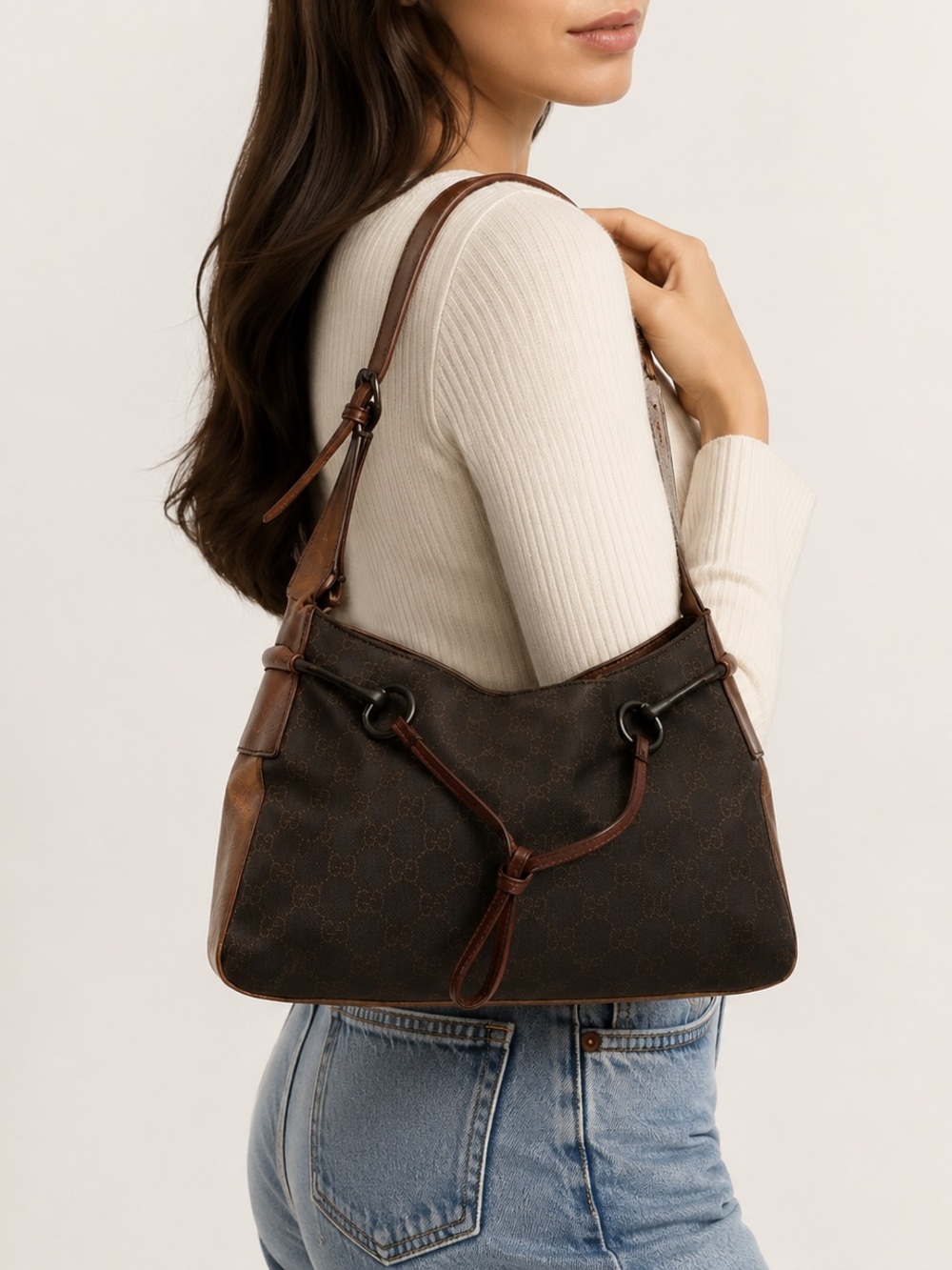 Gucci Horse-bit Brown Monogram Canvas Shoulder Bag w/ Brown Leather Trim